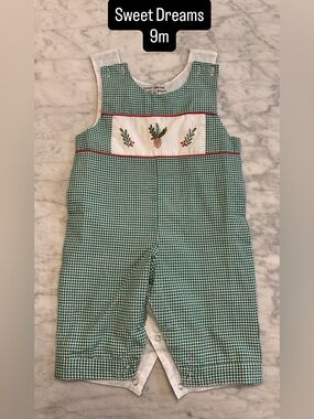 Sweet Dreams Green Gingham Pinecone Embroidered Romper with Red Trim